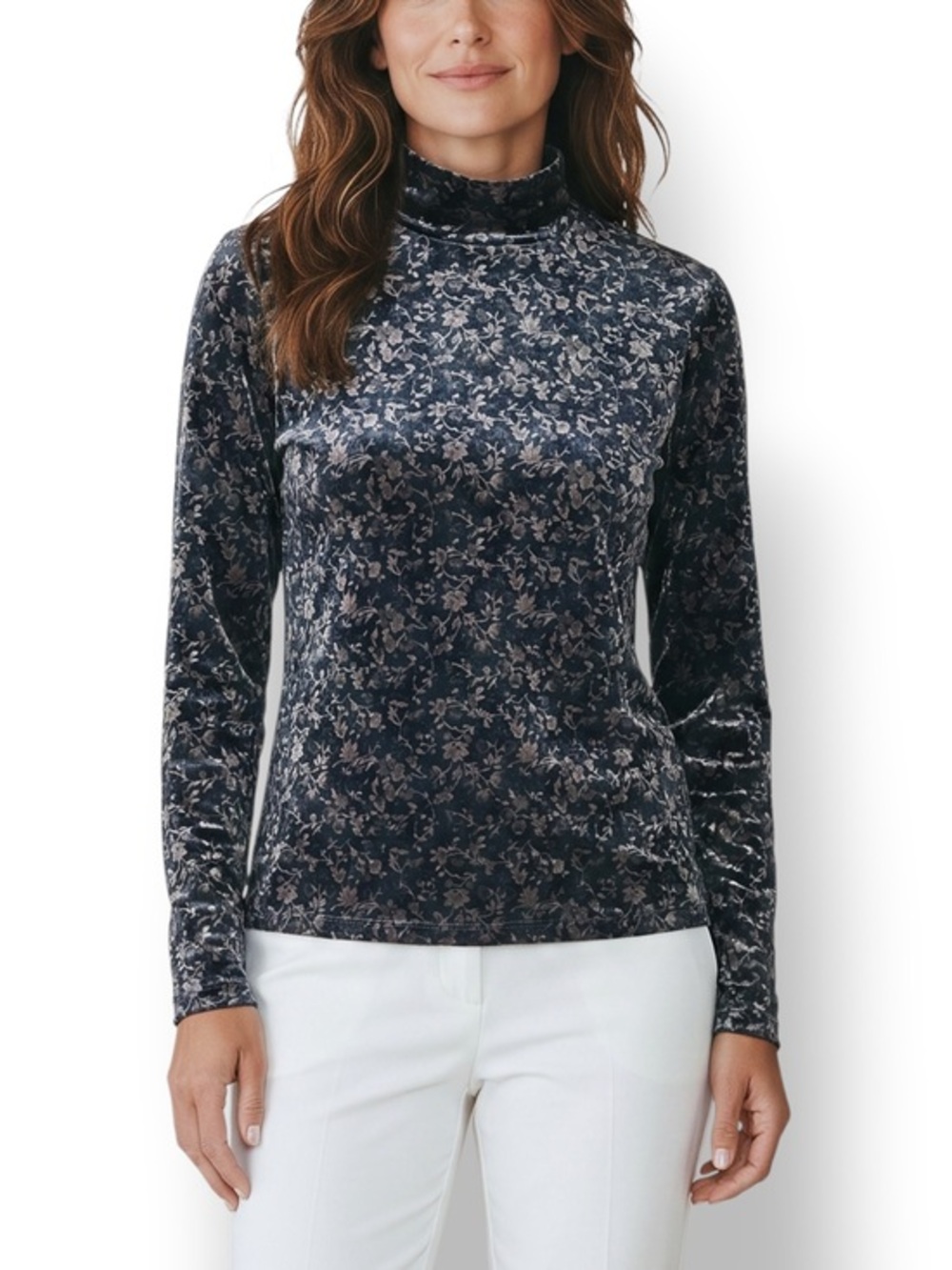 4/$20 Vintage Marshall Rousso Velvet Floral Mock Neck Top Long Sleeve Stretch XL